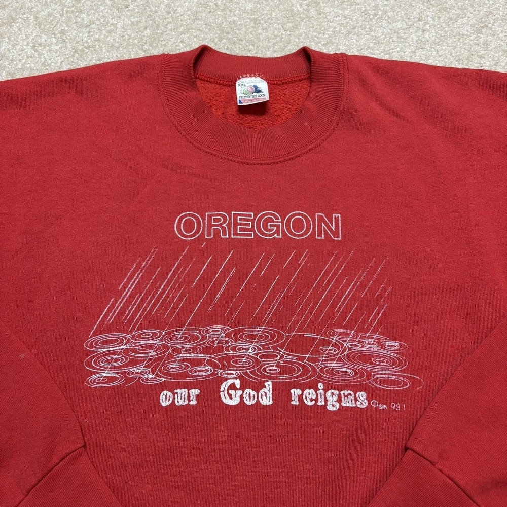 Vtg Oregon Our God Reigns Sweatshirt XL Red Christian Rain Graphic Jesus 90s